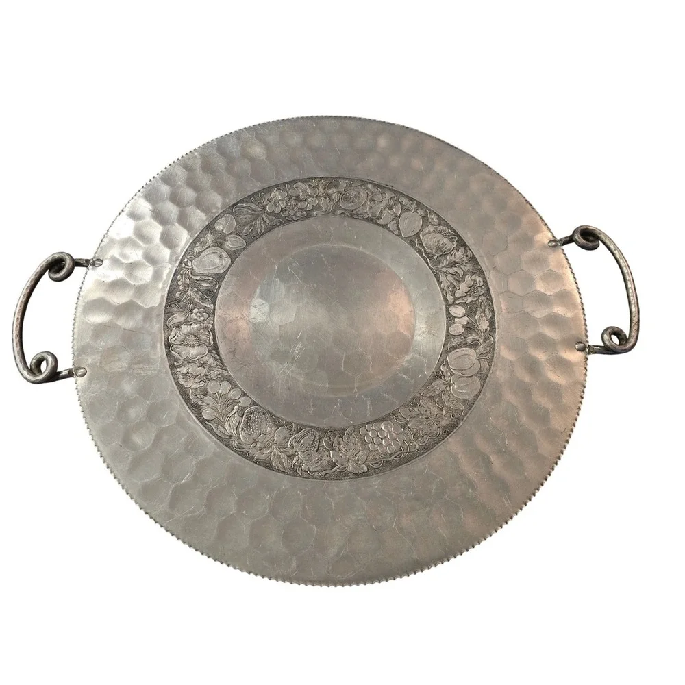 Cromwell Hand‎ Wrought Aluminum Round Tray Hammered Fruit Floral 17 inch Vintage
